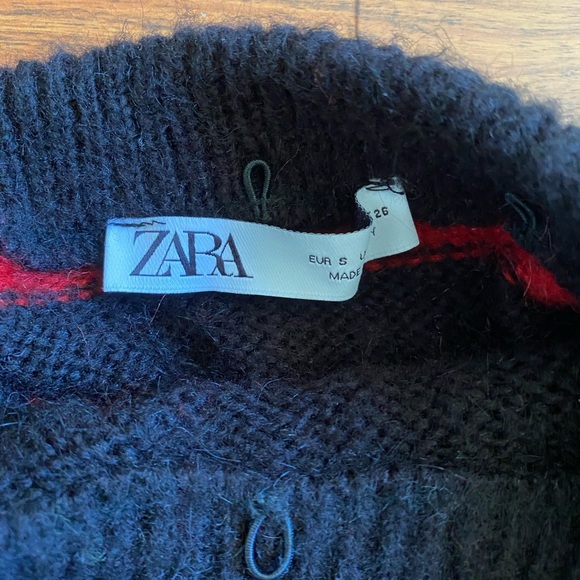 Zara Red Black Striped Tulle Ruffle Neck Mohair Blend Knit Sweater Size S - Picture 7 of 12